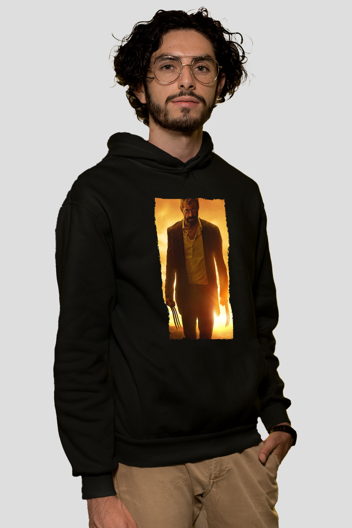 Unisex Logan Baskılı Siyah Kapüşonlu Sweatshirt