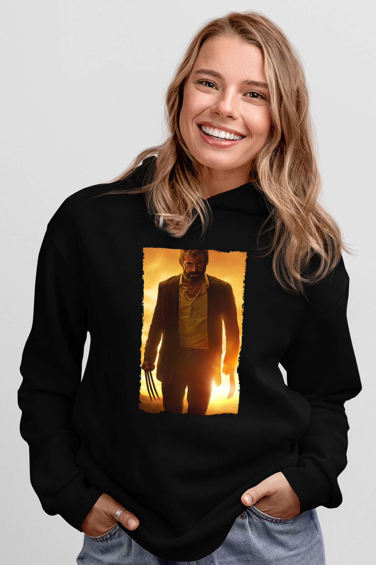 Unisex Logan Baskılı Siyah Kapüşonlu Sweatshirt
