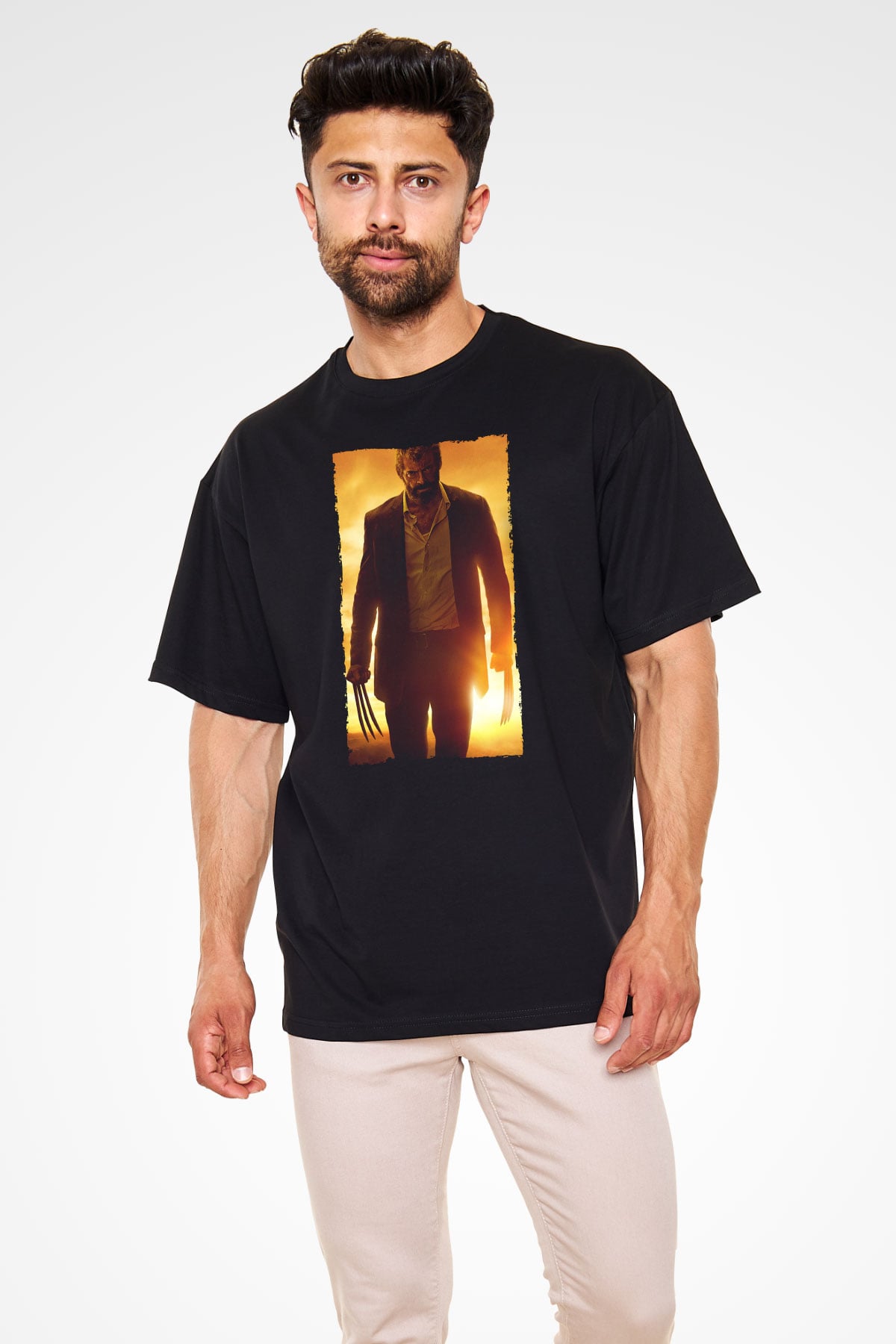 Unisex Logan Baskılı Siyah Oversize Tişört