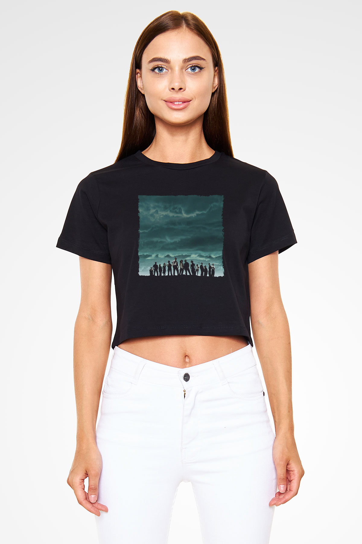 Unisex Lost Baskılı Siyah Crop Top Tişört