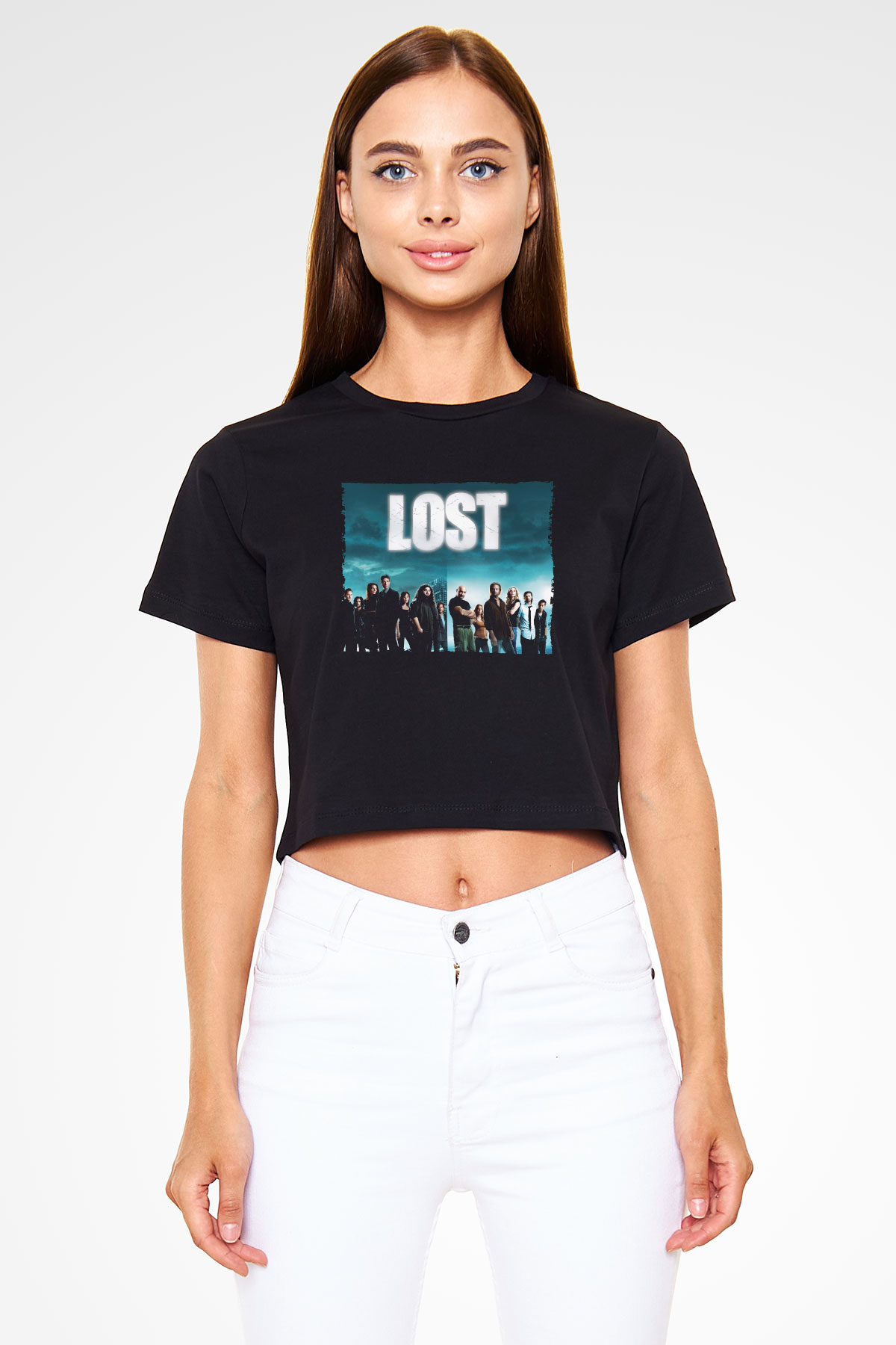Unisex Lost Baskılı Siyah Crop Top Tshirt