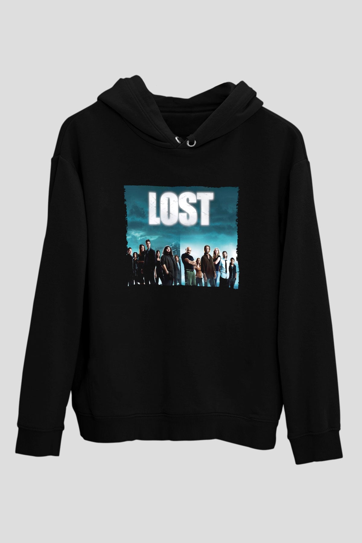 Unisex Lost Baskılı Siyah Kapüşonlu Sweatshirt
