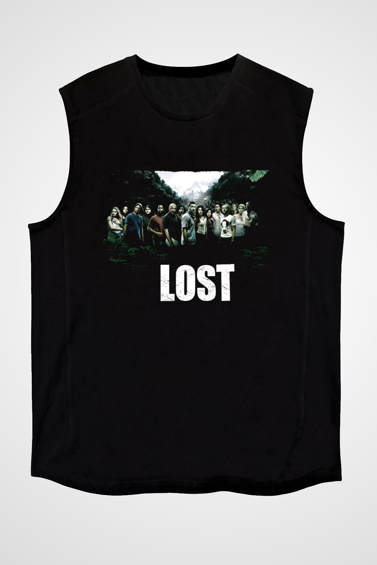 Unisex Lost Baskılı Siyah Kolsuz T-shirt