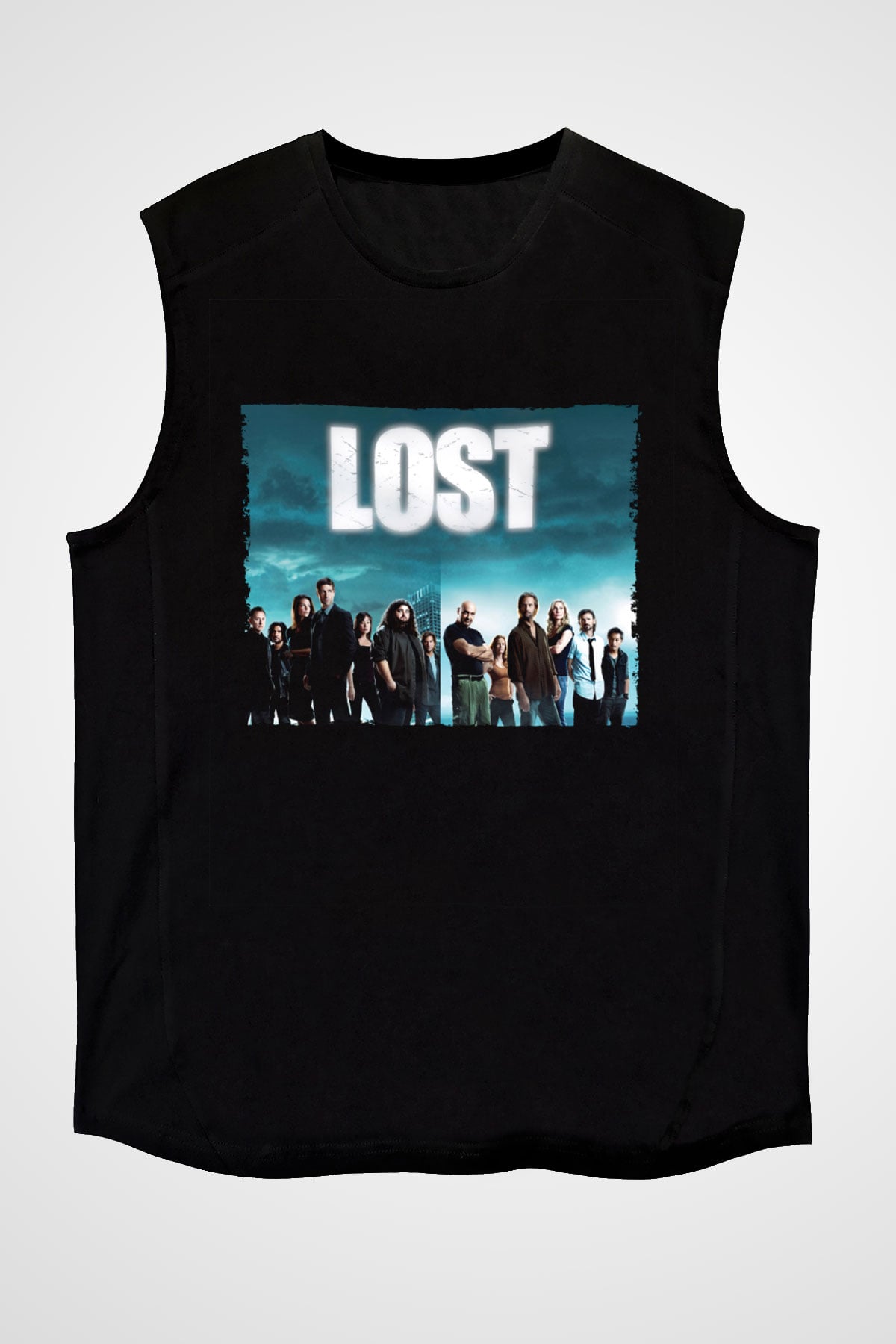 Unisex Lost Baskılı Siyah Kolsuz Tshirt