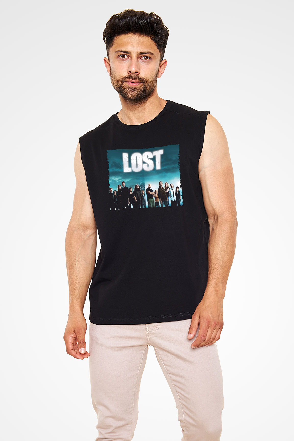 Unisex Lost Baskılı Siyah Kolsuz Tshirt