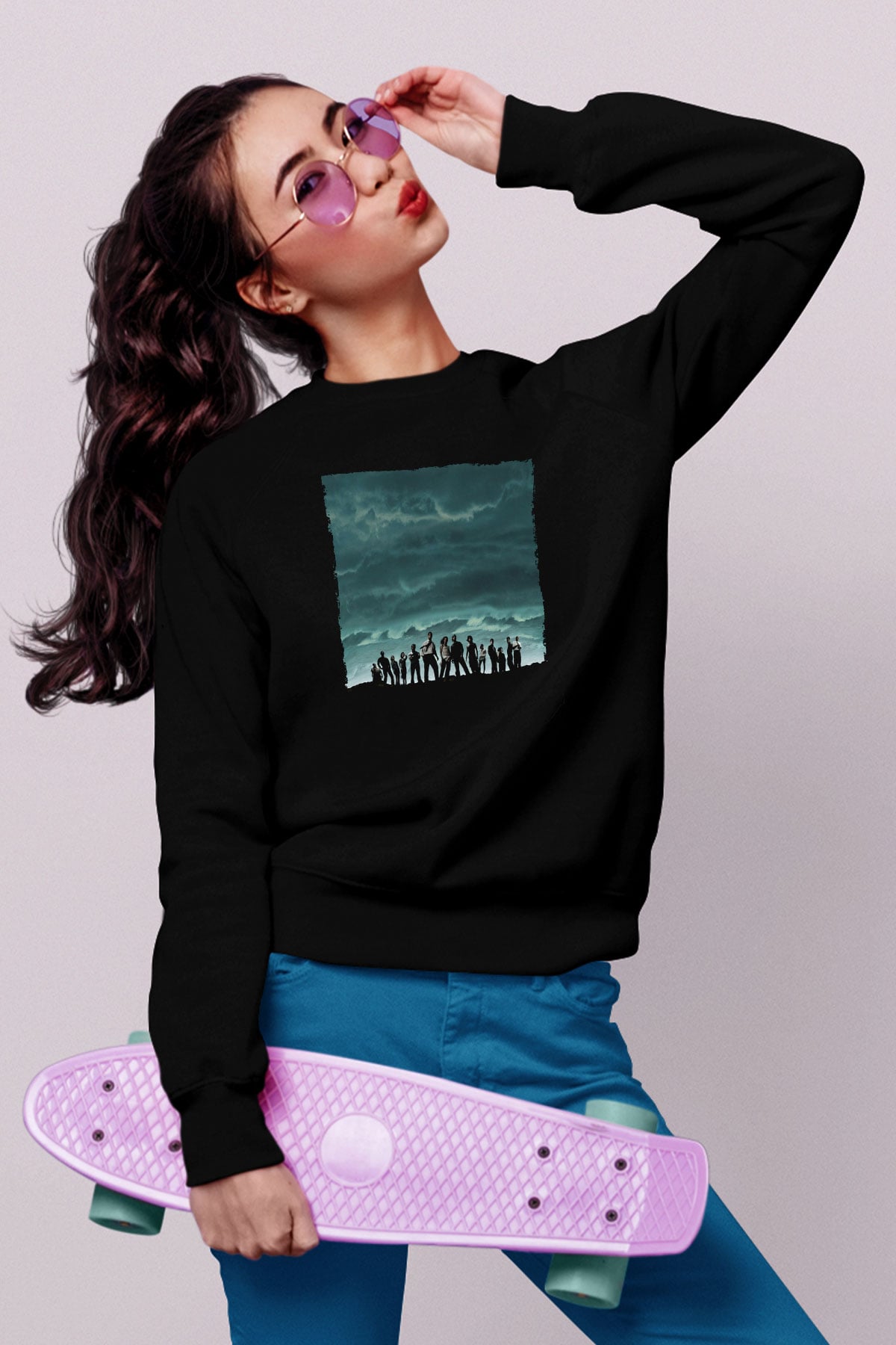 Unisex Lost Baskılı Siyah Sweatshirt
