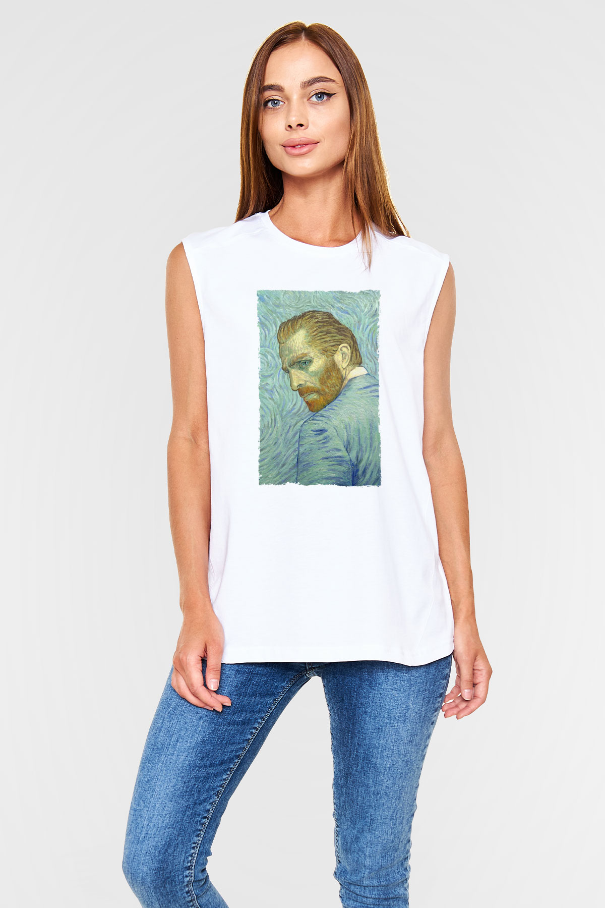 Unisex Loving Vincent Baskılı Beyaz Kolsuz Tişört