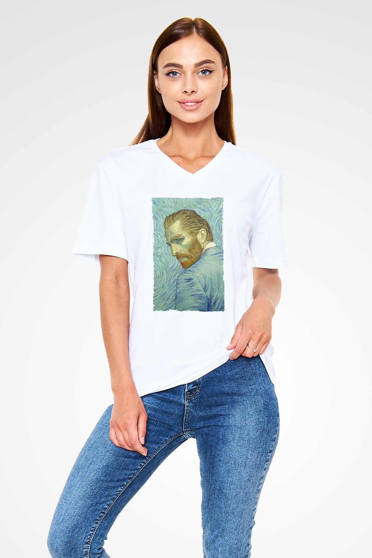 Unisex Loving Vincent Baskılı Beyaz V Yaka Tişört