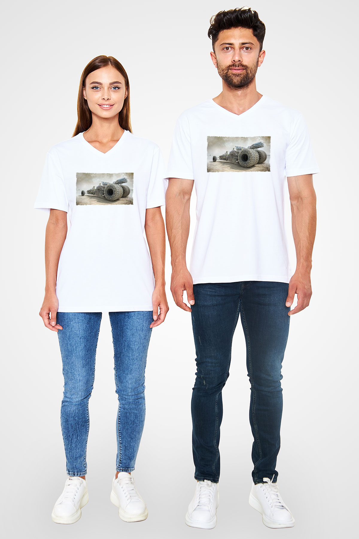 Unisex Mad Max Fury Road Baskılı Beyaz V Yaka T-shirt