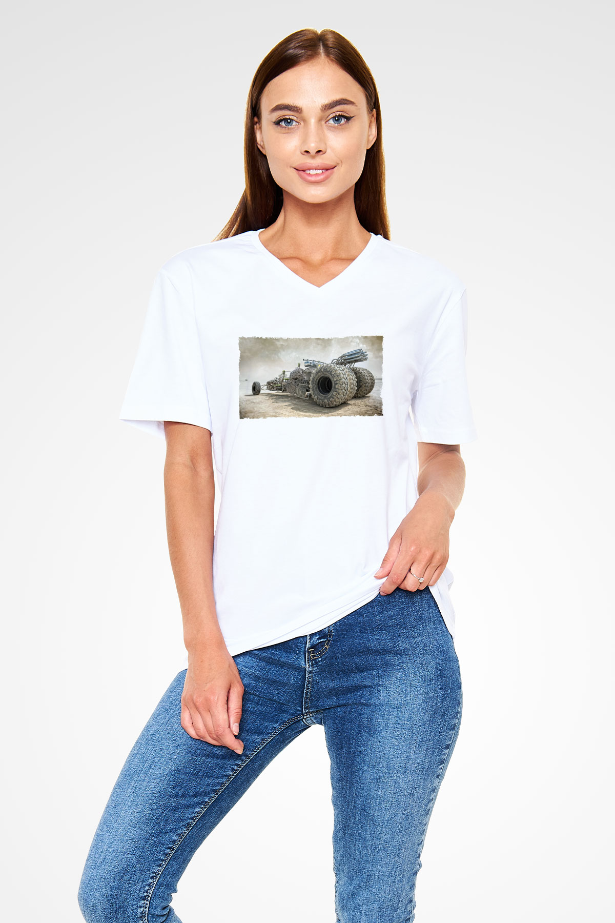 Unisex Mad Max Fury Road Baskılı Beyaz V Yaka T-shirt