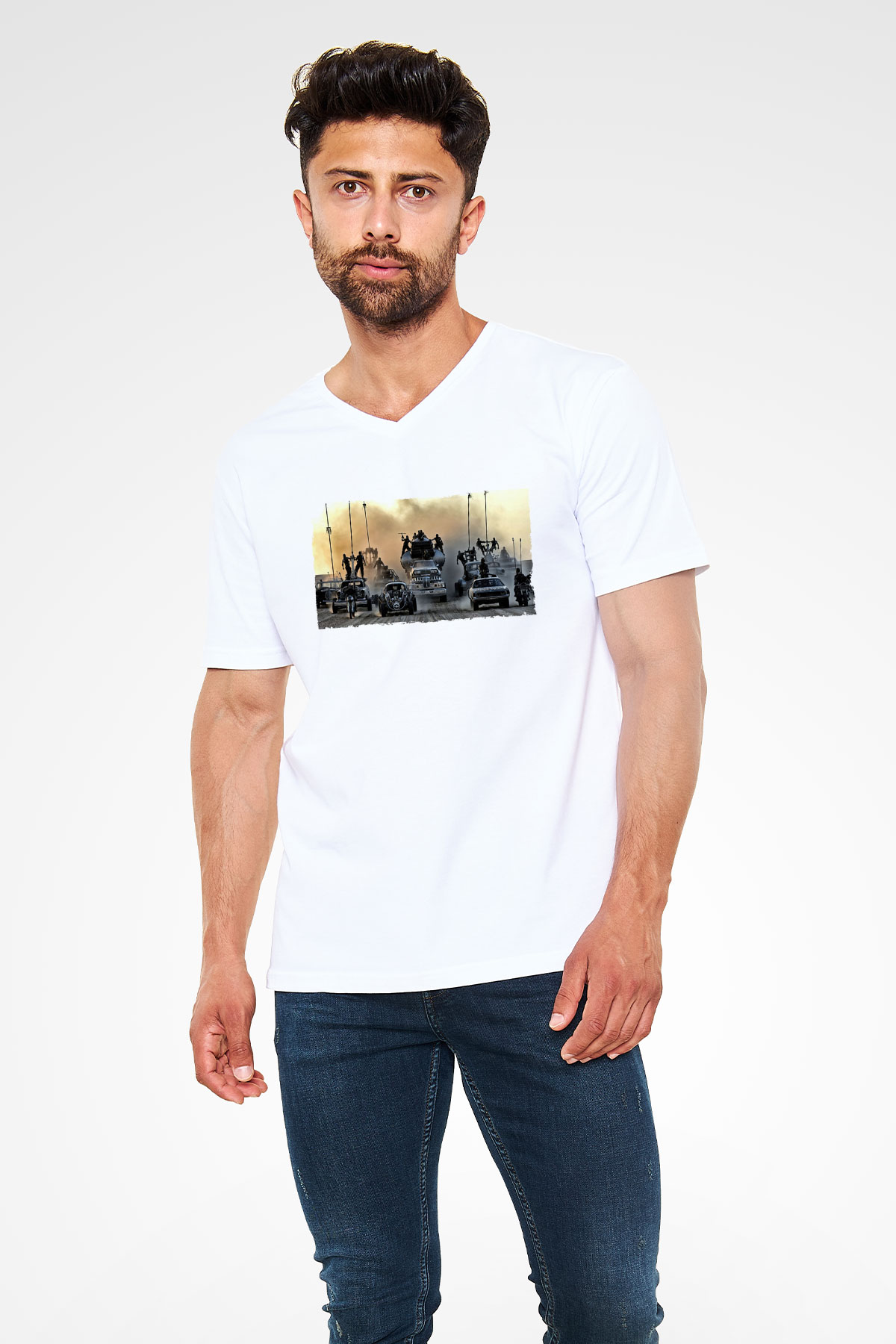 Unisex Mad Max Fury Road Baskılı Beyaz V Yaka Tshirt