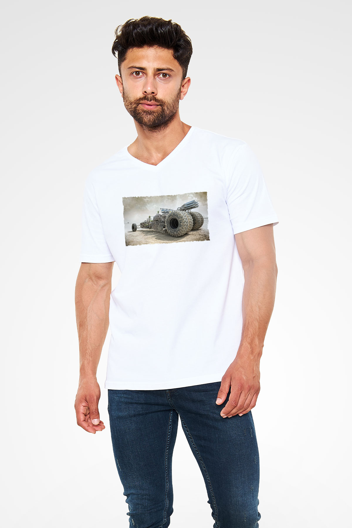 Unisex Mad Max Fury Road Baskılı Beyaz V Yaka T-shirt