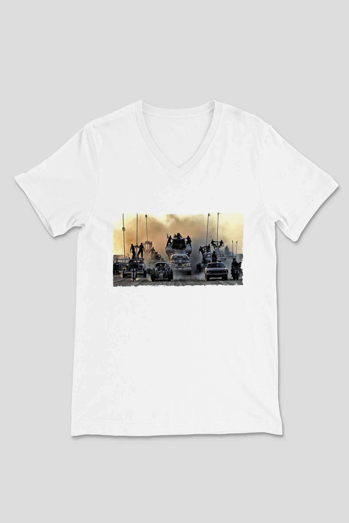 Unisex Mad Max Fury Road Baskılı Beyaz V Yaka Tshirt