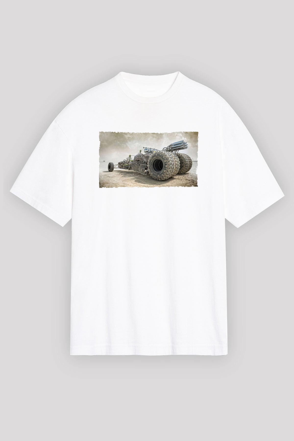 Unisex Mad Max Fury Road Baskılı Beyaz Oversize T-shirt