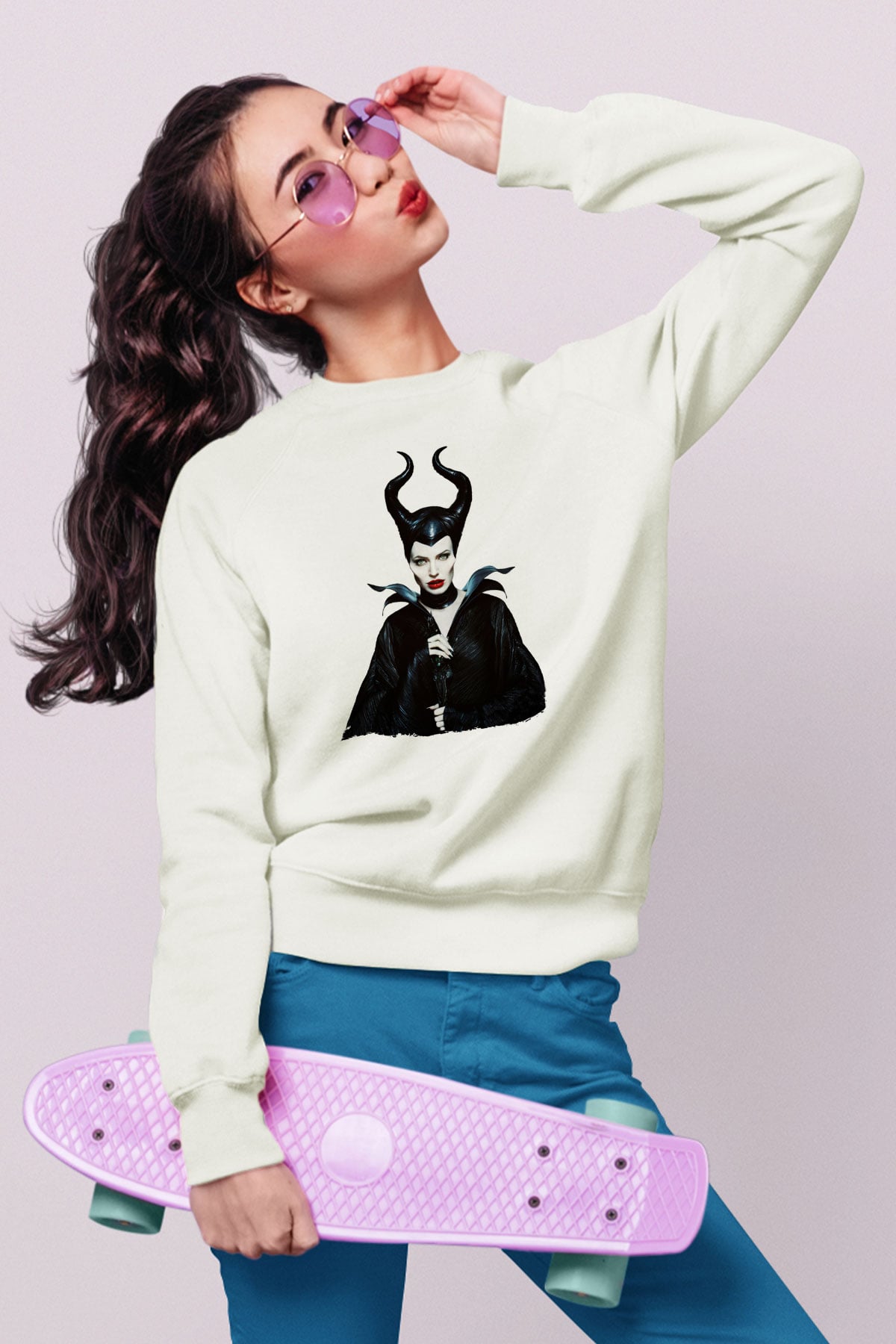 Unisex Malefiz (Maleficent) Baskılı Beyaz Sweatshirt