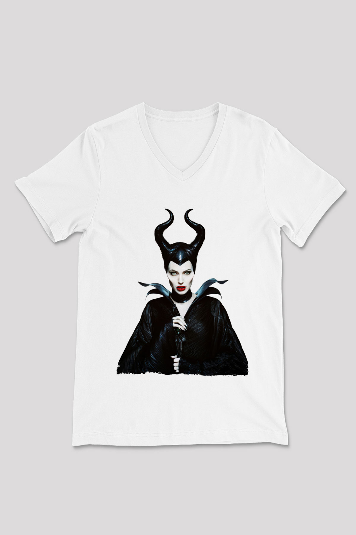 Unisex Malefiz (Maleficent) Baskılı Beyaz V Yaka Tshirt