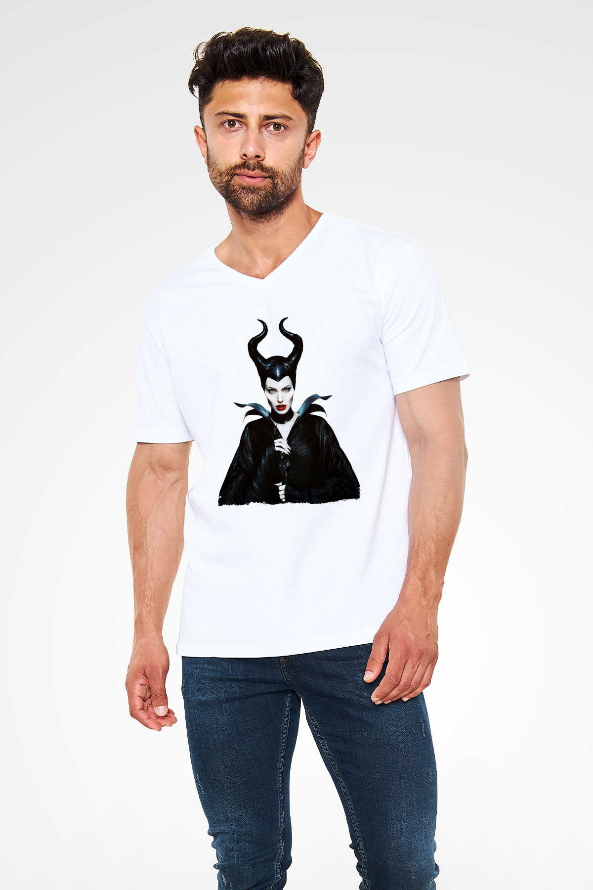 Unisex Malefiz (Maleficent) Baskılı Beyaz V Yaka Tshirt
