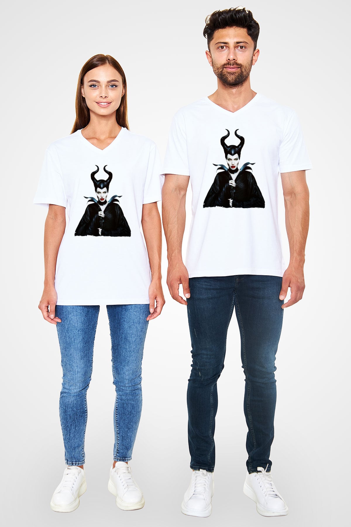 Unisex Malefiz (Maleficent) Baskılı Beyaz V Yaka Tshirt