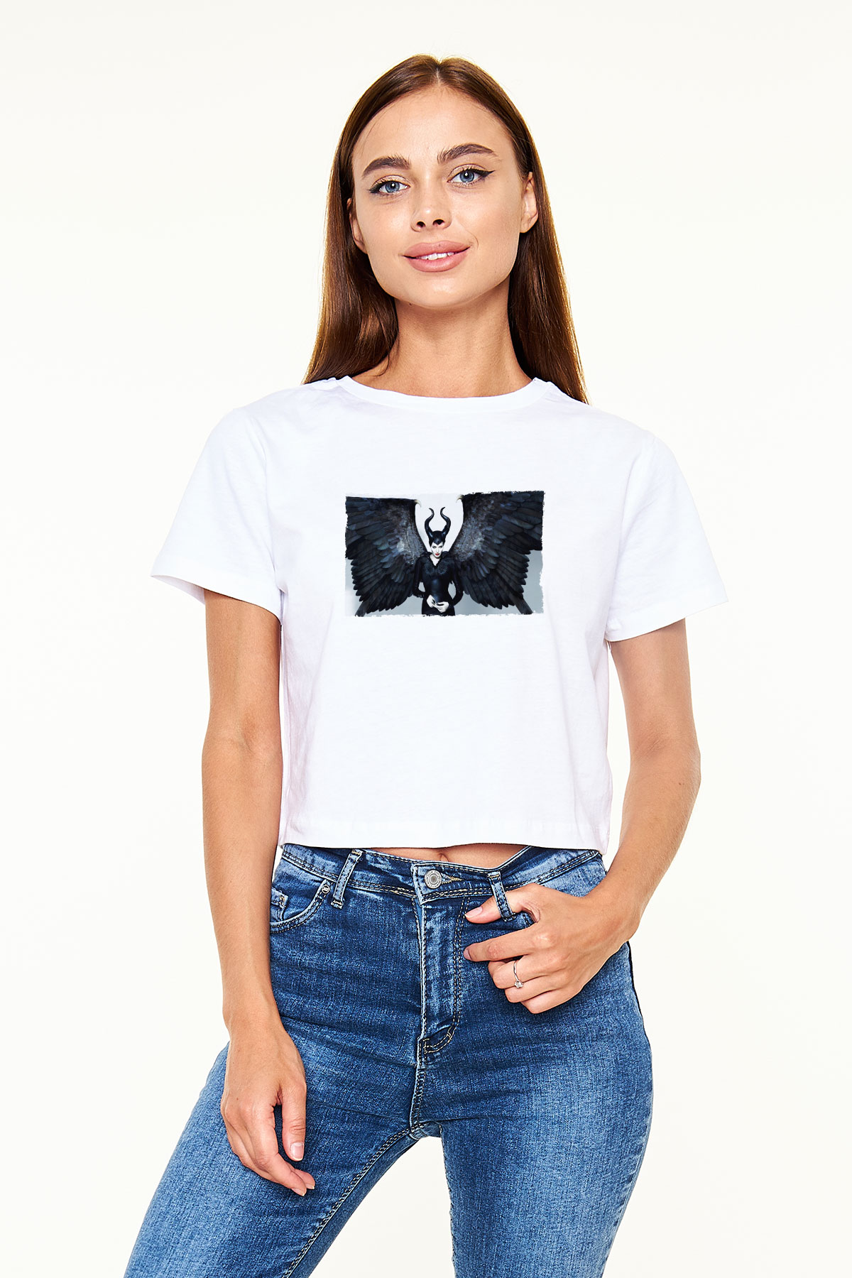 Unisex Malefiz (Maleficent) Baskılı Beyaz Crop Top Tişört
