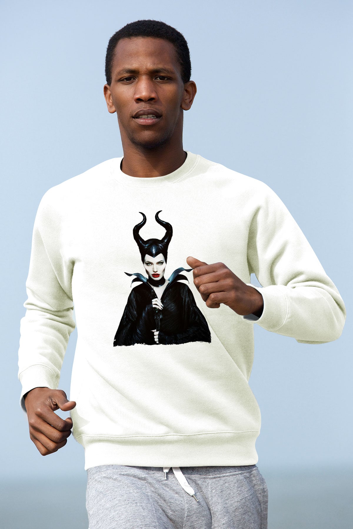 Unisex Malefiz (Maleficent) Baskılı Beyaz Sweatshirt