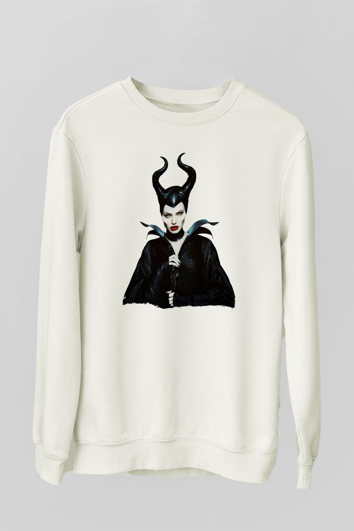 Unisex Malefiz (Maleficent) Baskılı Beyaz Sweatshirt