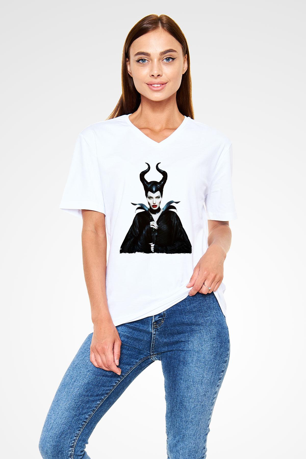 Unisex Malefiz (Maleficent) Baskılı Beyaz V Yaka Tshirt