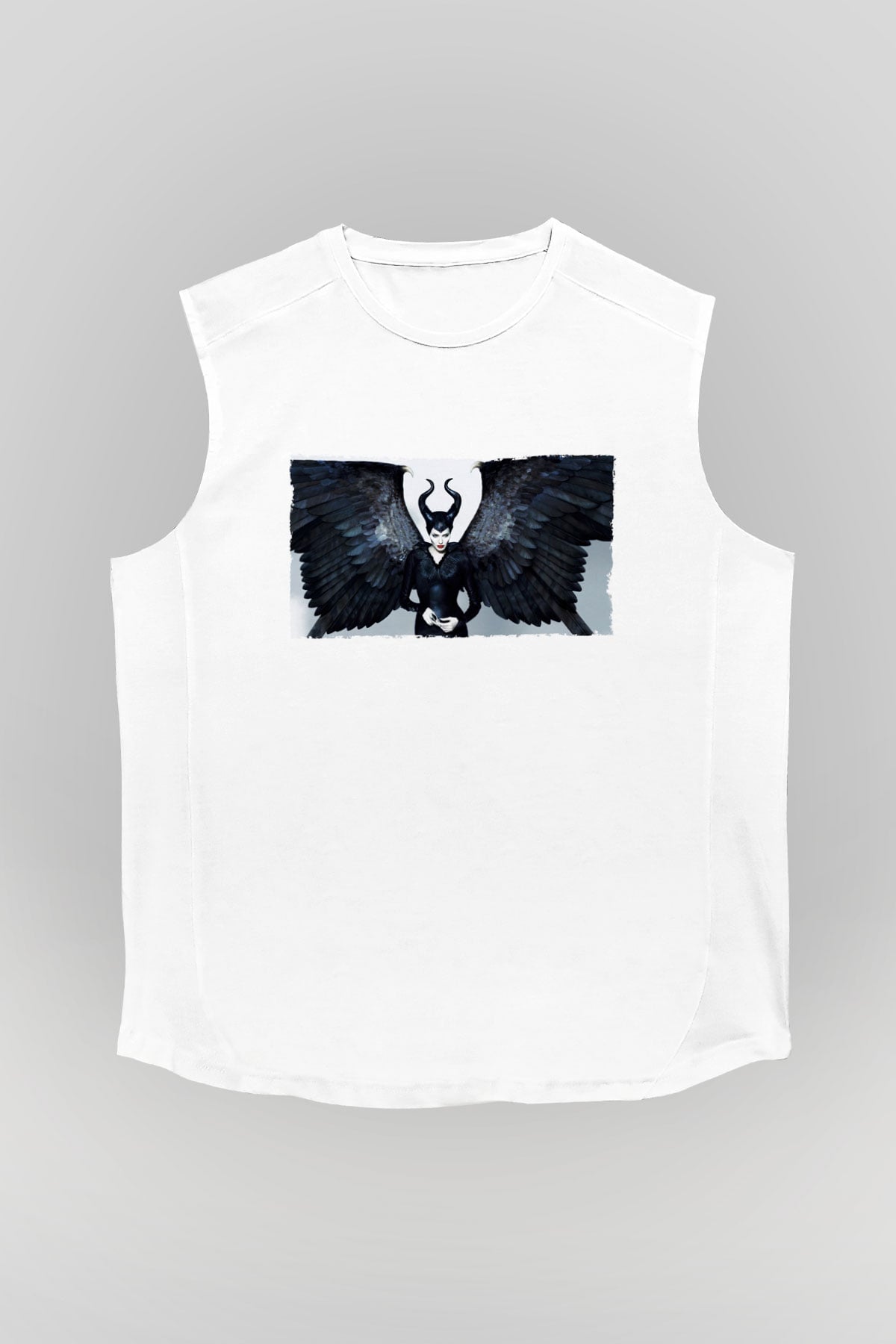 Unisex Malefiz (Maleficent) Baskılı Beyaz Kolsuz Tişört