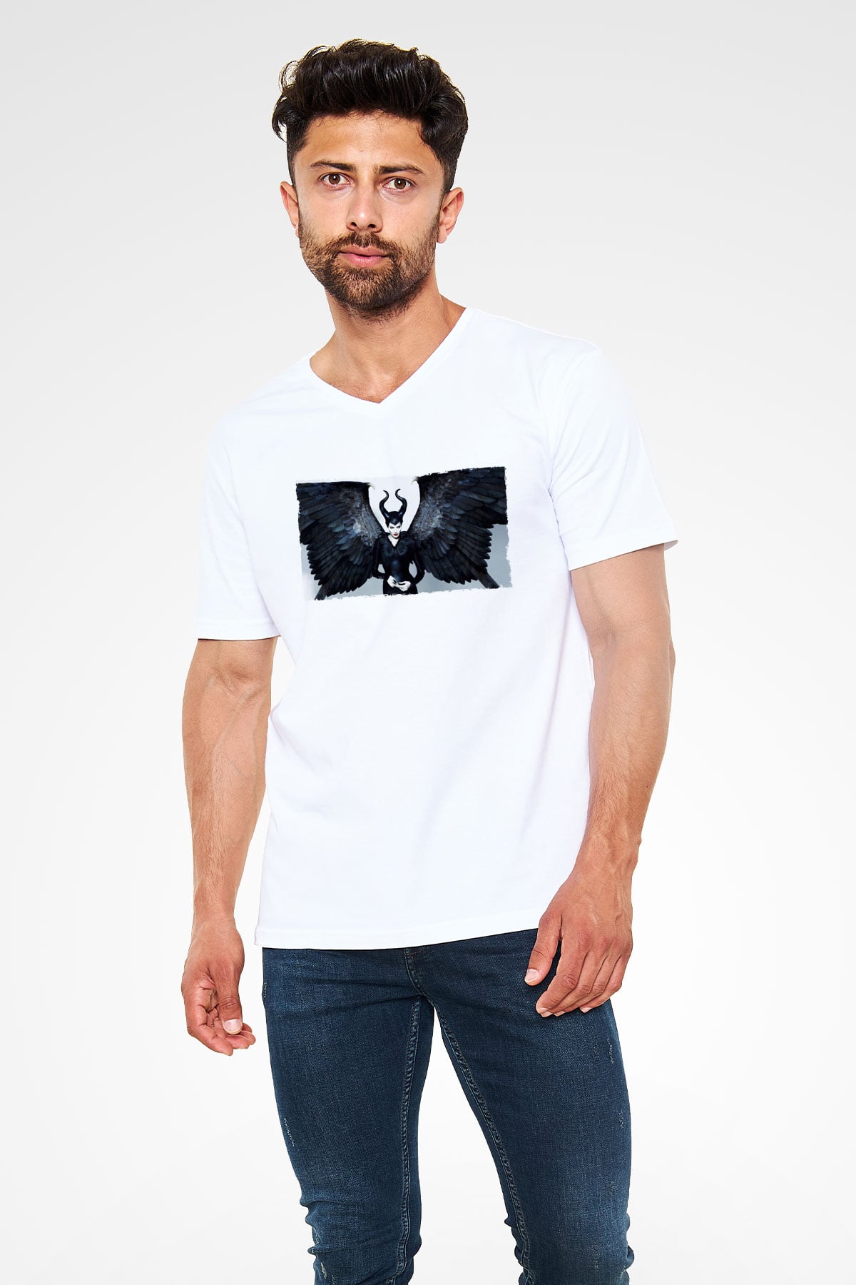 Unisex Malefiz (Maleficent) Baskılı Beyaz V Yaka Tişört