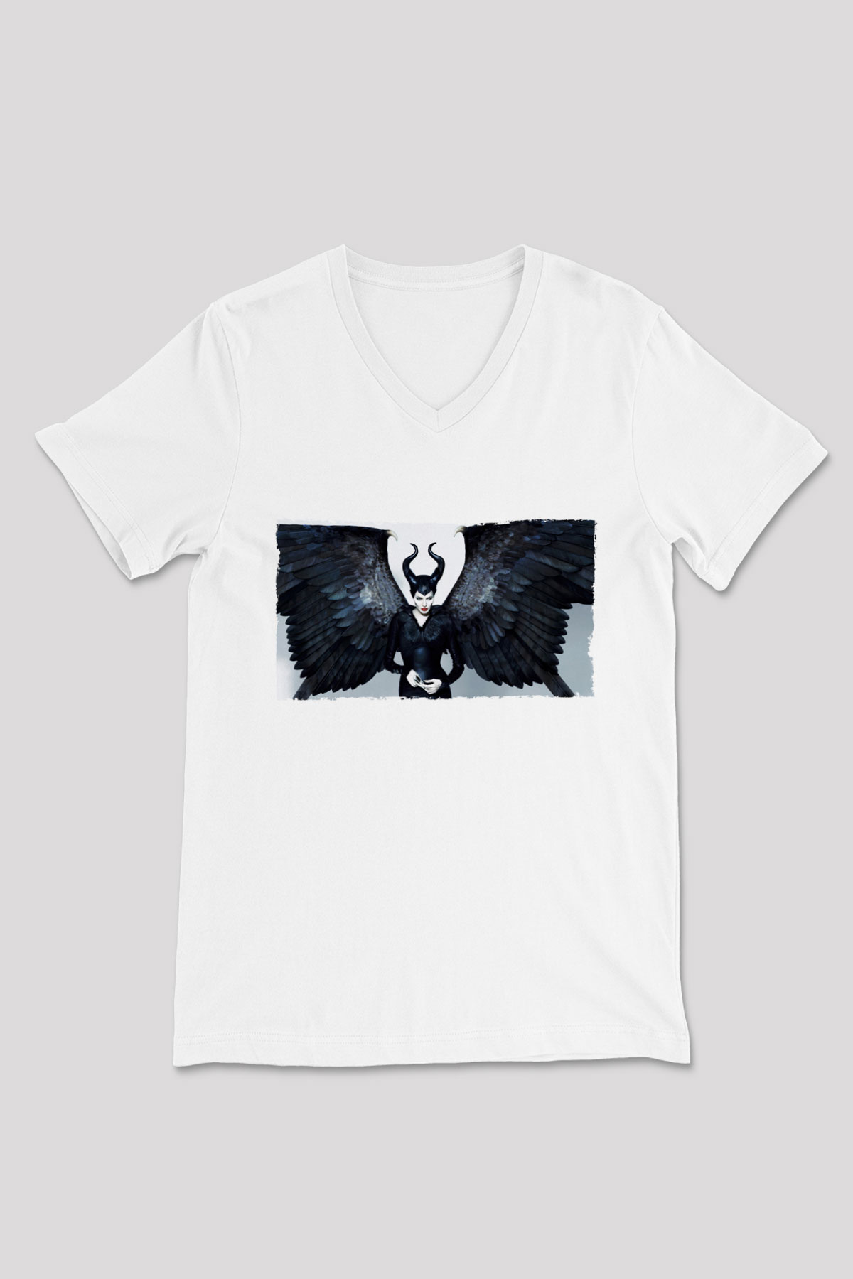 Unisex Malefiz (Maleficent) Baskılı Beyaz V Yaka Tişört