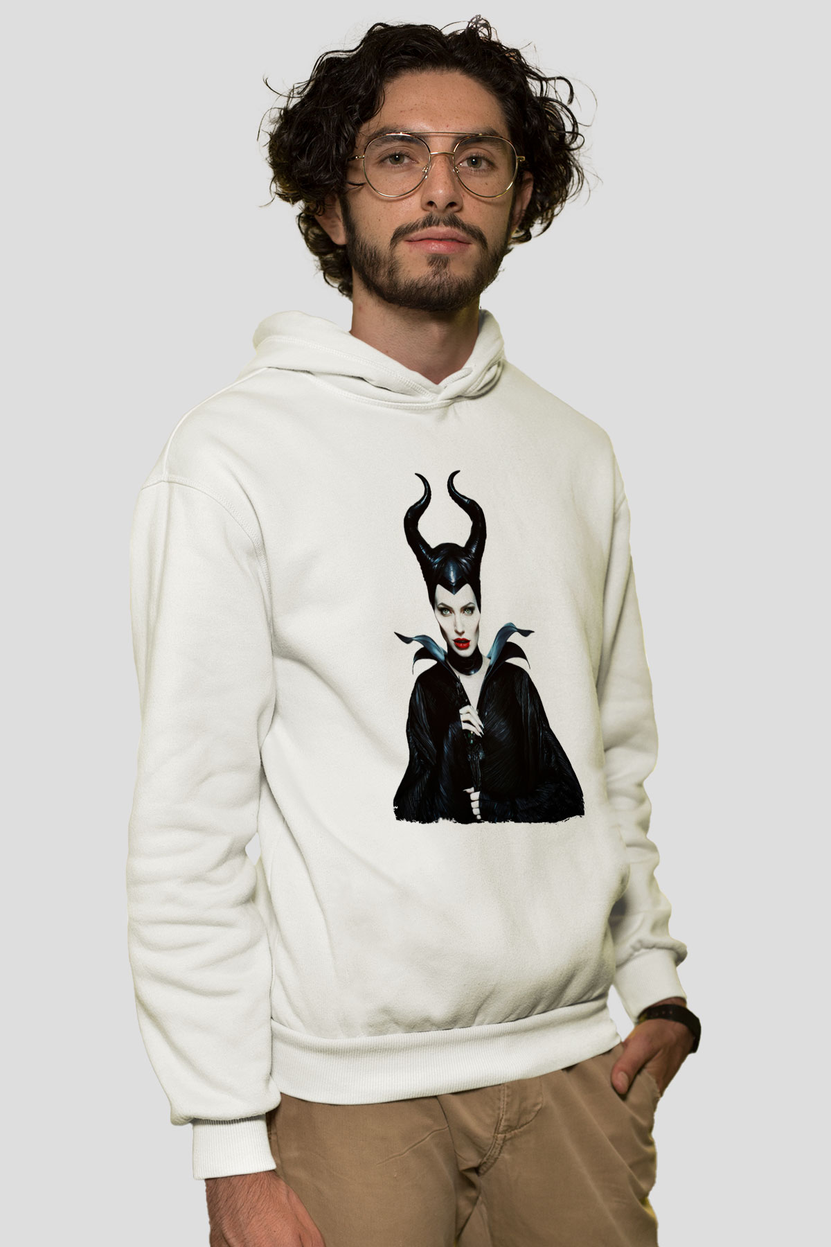 Unisex Malefiz (Maleficent) Baskılı Beyaz Kapüşonlu Sweatshirt