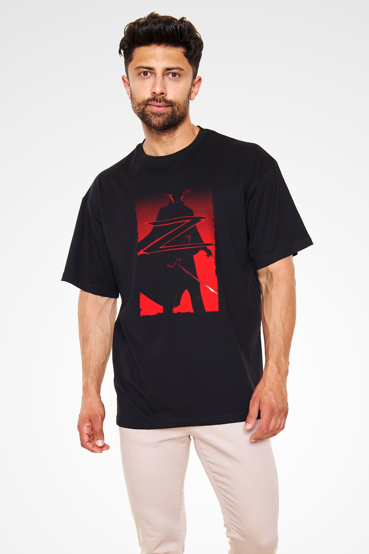 Unisex Maskeli Kahraman Zorro (The Mask of Zorro) Baskılı Siyah Oversize Tişört