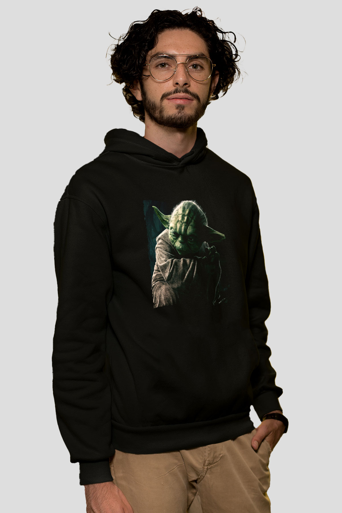 Unisex Master Yoda Baskılı Siyah Kapüşonlu Sweatshirt