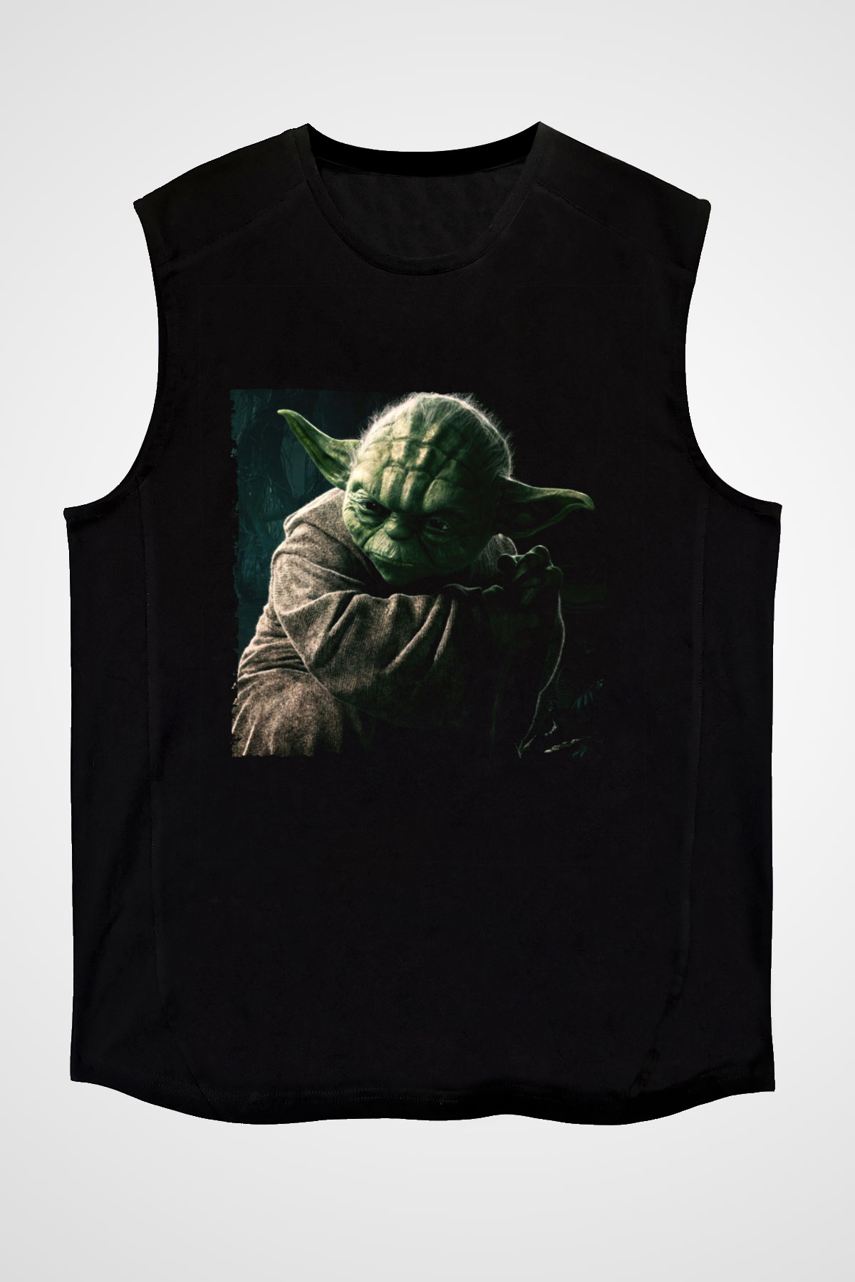 Unisex Master Yoda Baskılı Siyah Kolsuz Tişört