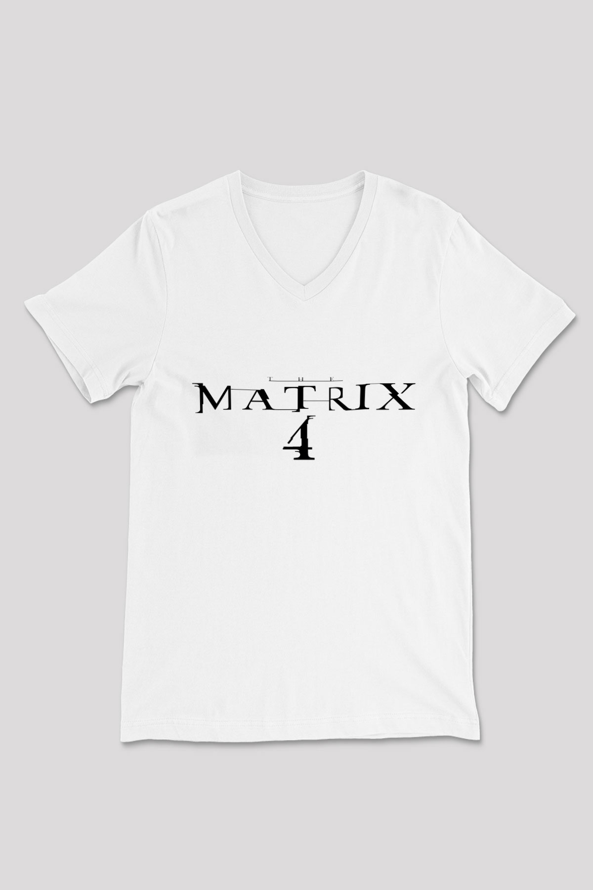 Unisex Matrix 4 Baskılı Beyaz V Yaka T-shirt