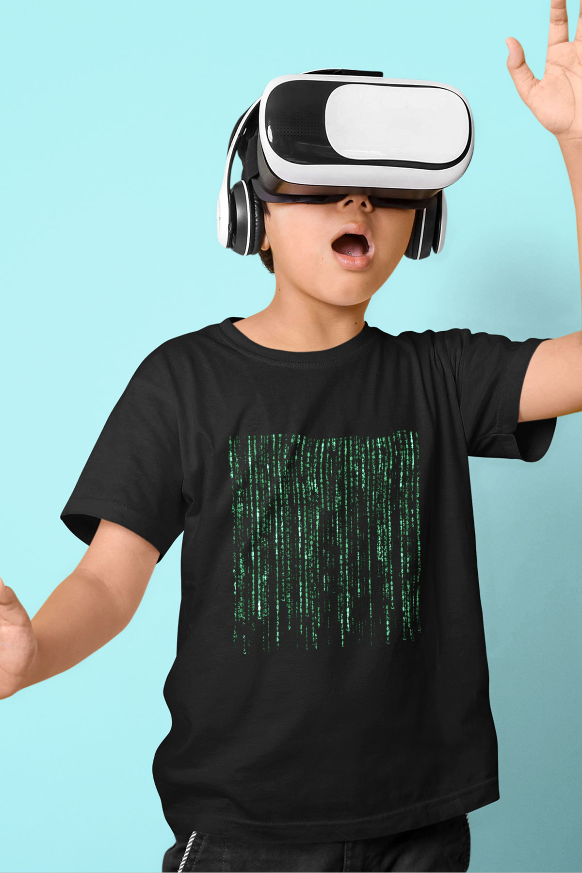 Unisex Matrix Baskılı Siyah Çocuk T-Shirt