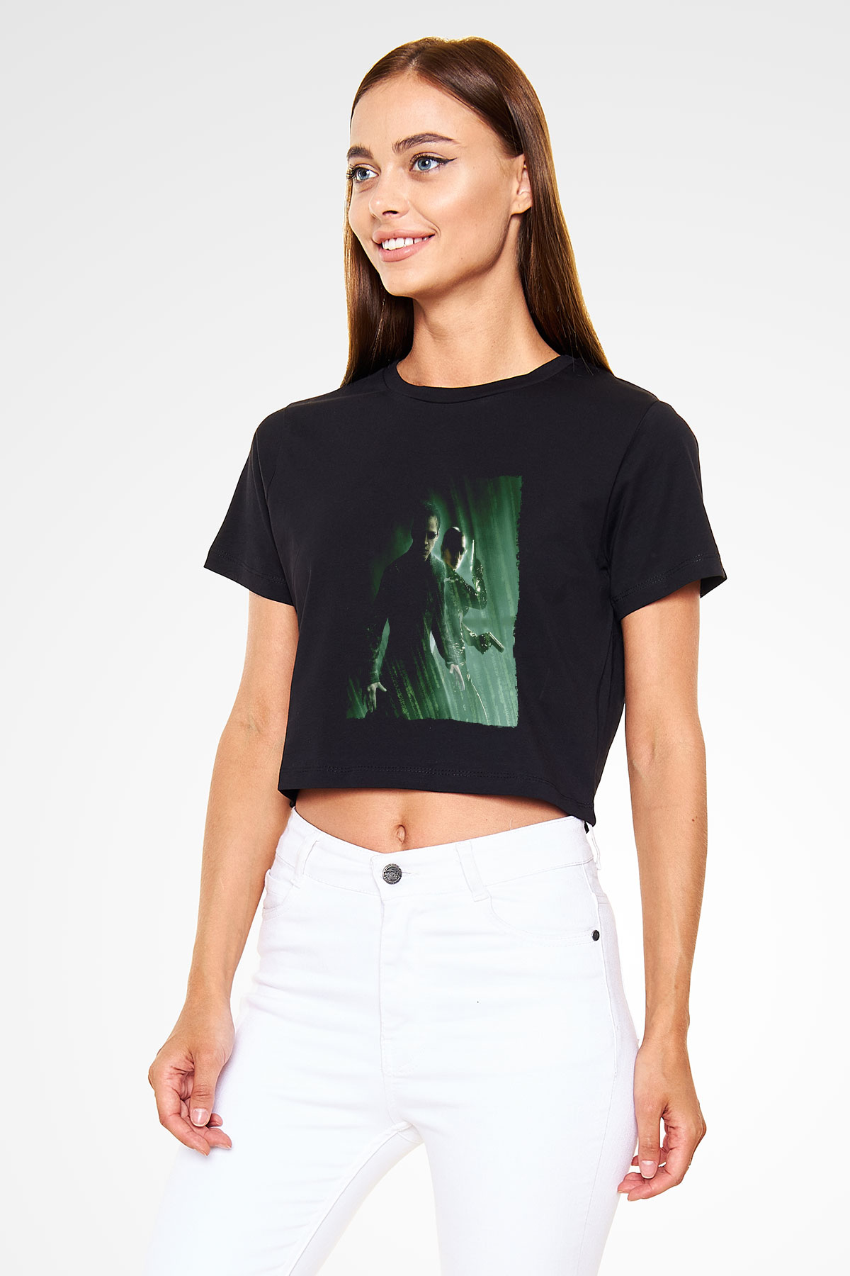Unisex Matrix Baskılı Siyah Crop Top Tişört