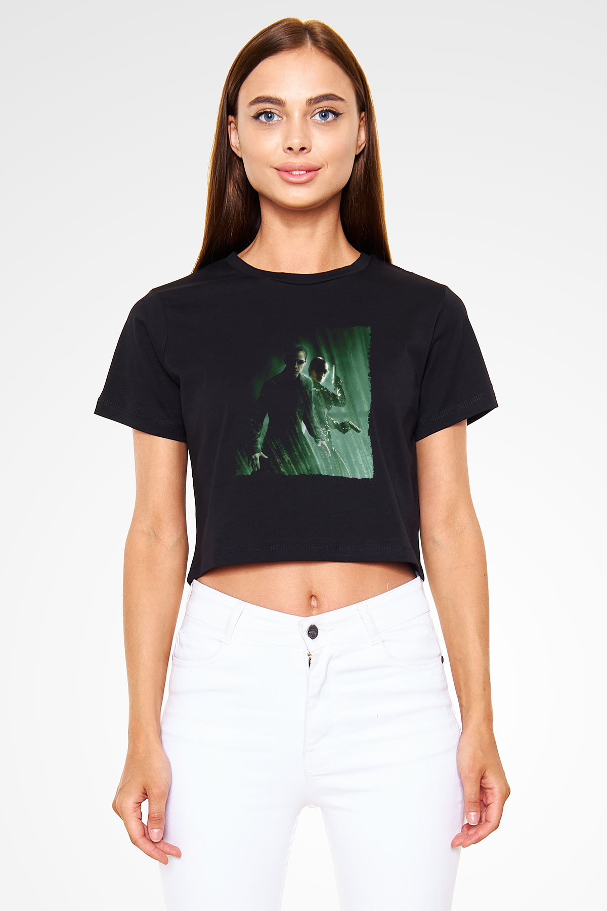 Unisex Matrix Baskılı Siyah Crop Top Tişört
