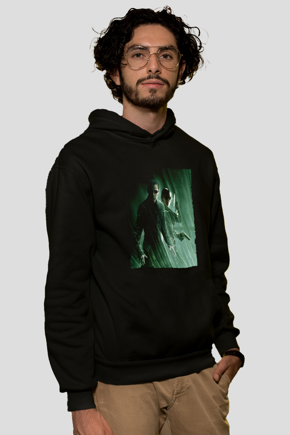 Unisex Matrix Baskılı Siyah Kapüşonlu Sweatshirt