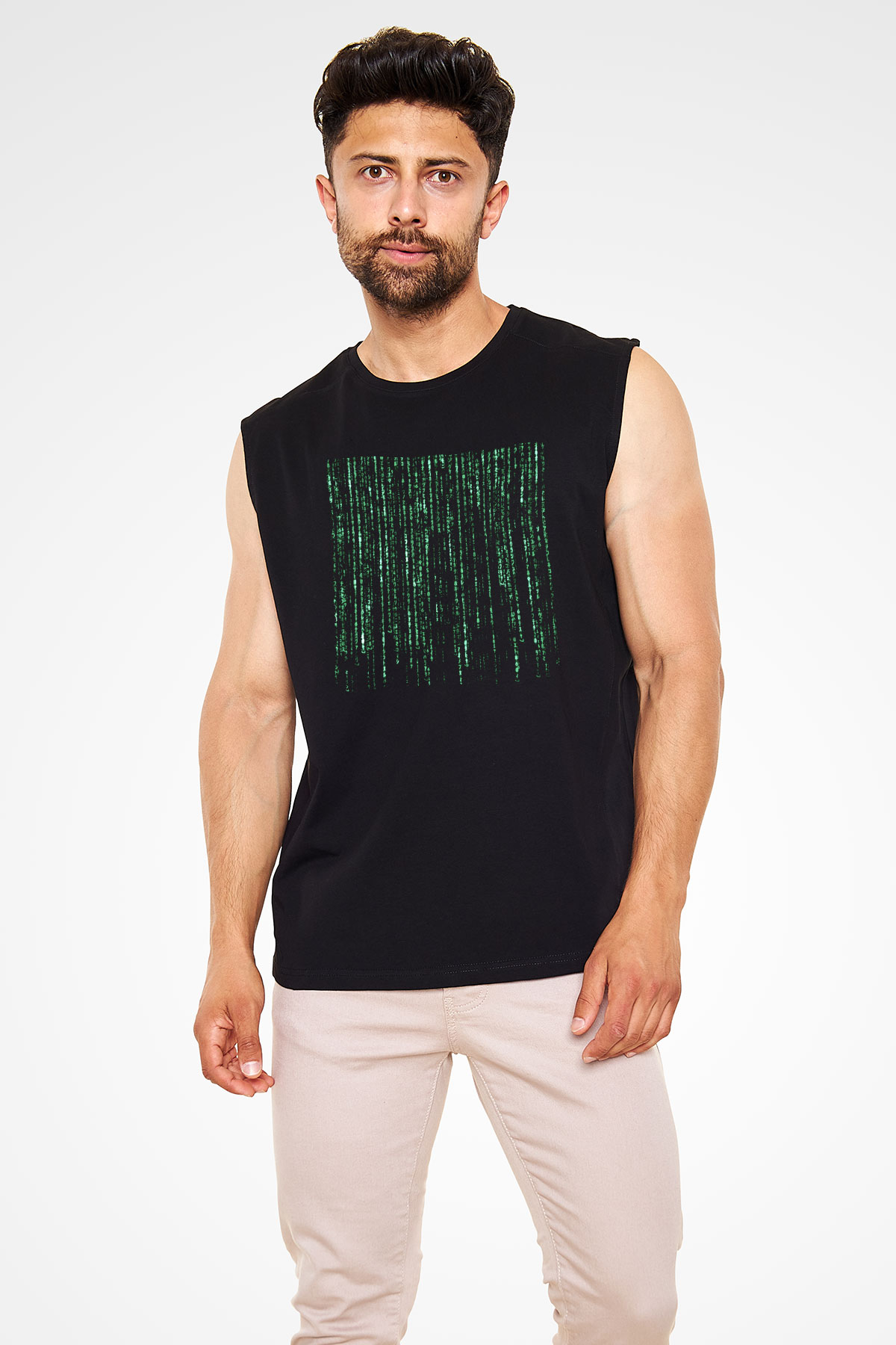 Unisex Matrix Baskılı Siyah Kolsuz T-shirt
