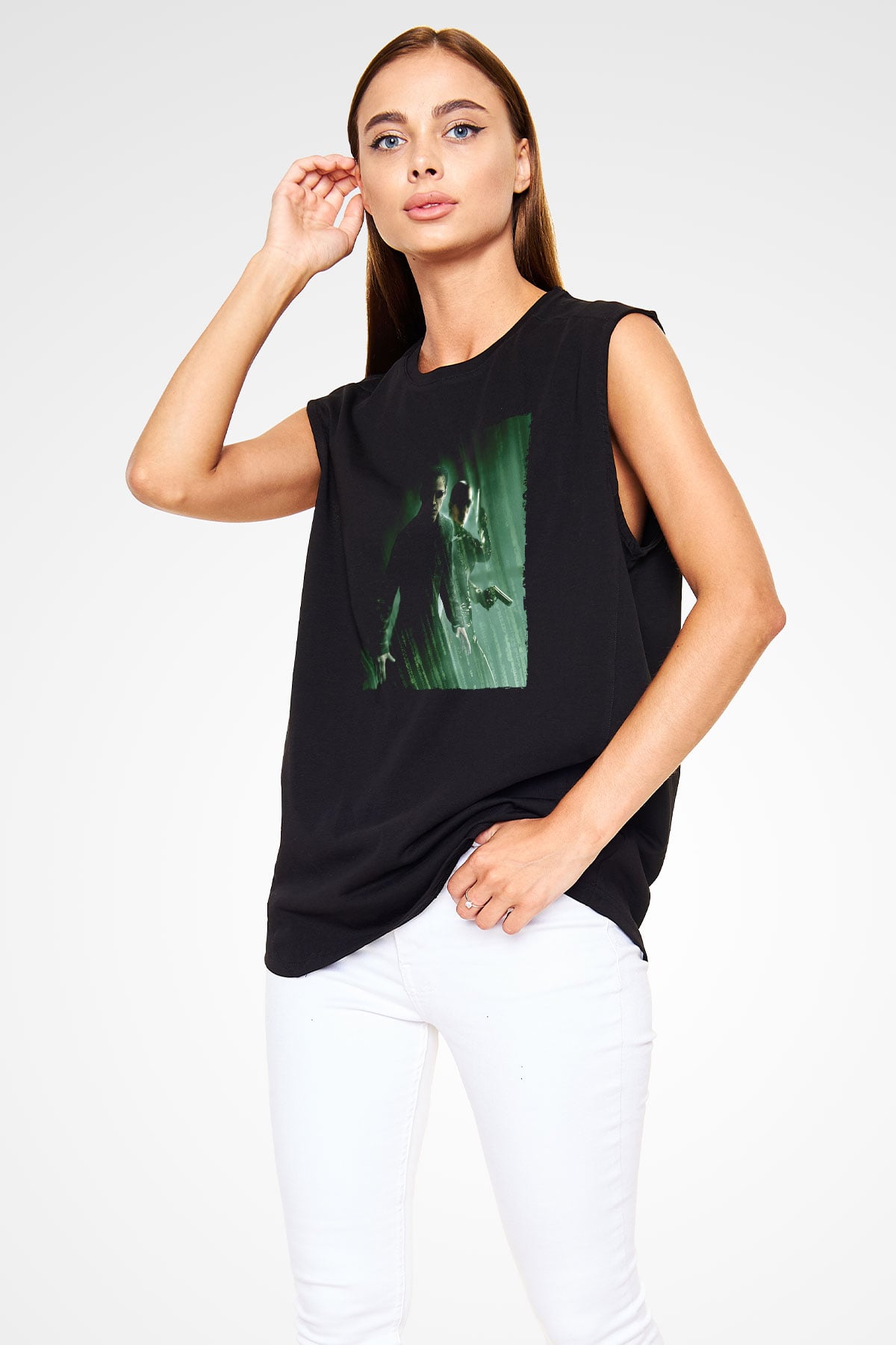 Unisex Matrix Baskılı Siyah Kolsuz Tişört