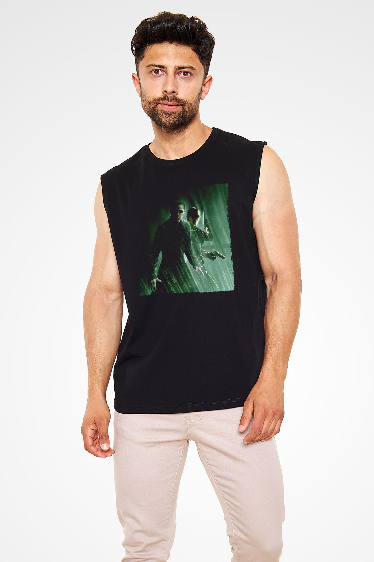 Unisex Matrix Baskılı Siyah Kolsuz Tişört