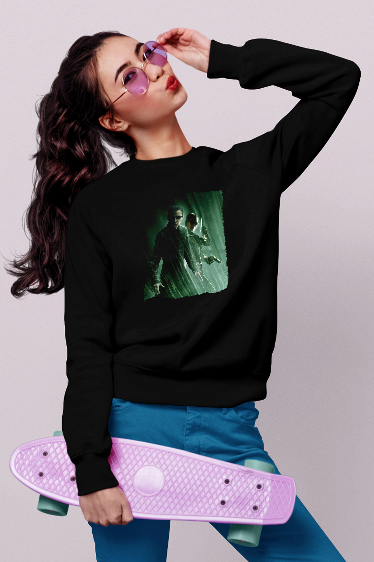 Unisex Matrix Baskılı Siyah Sweatshirt