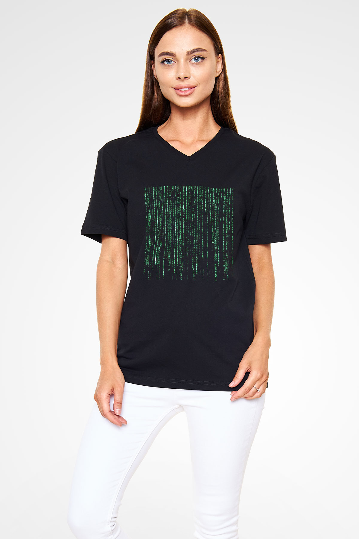 Unisex Matrix Baskılı Siyah V Yaka T-shirt