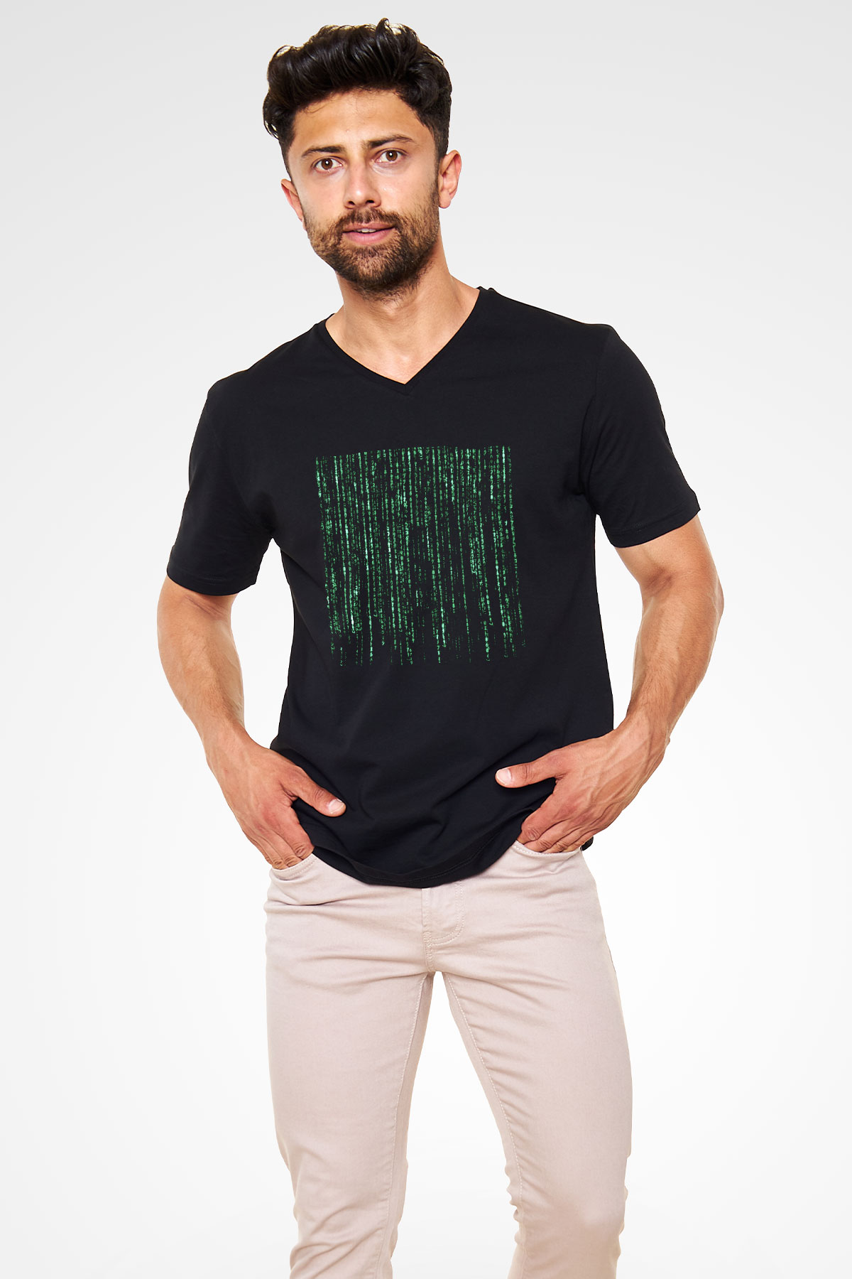 Unisex Matrix Baskılı Siyah V Yaka T-shirt
