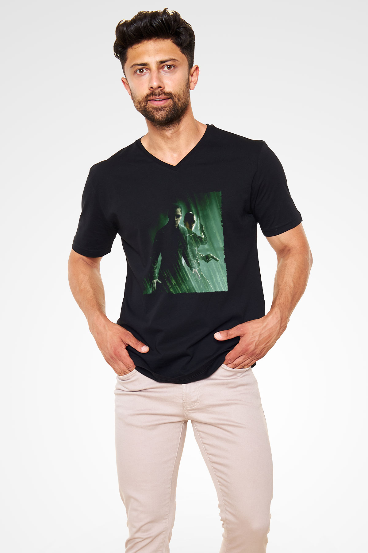 Unisex Matrix Baskılı Siyah V Yaka Tişört