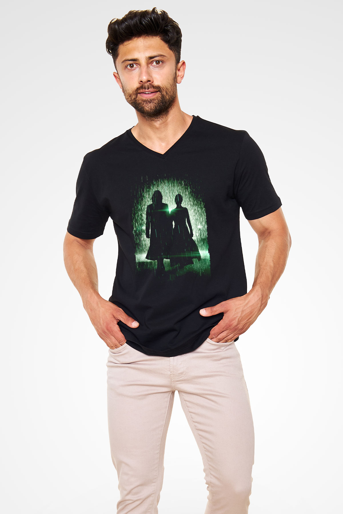 Unisex Matrix Baskılı Siyah V Yaka Tshirt