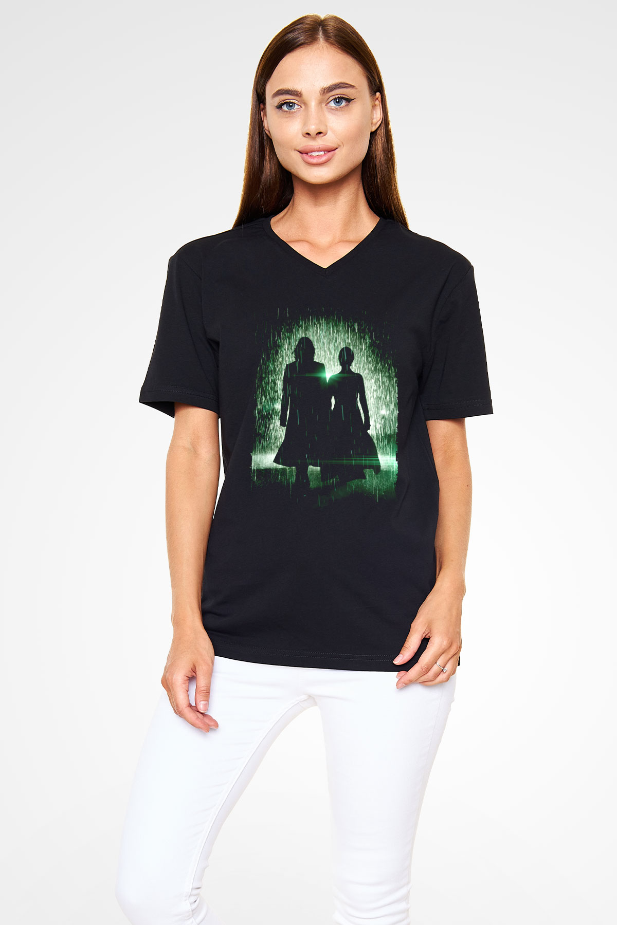 Unisex Matrix Baskılı Siyah V Yaka Tshirt