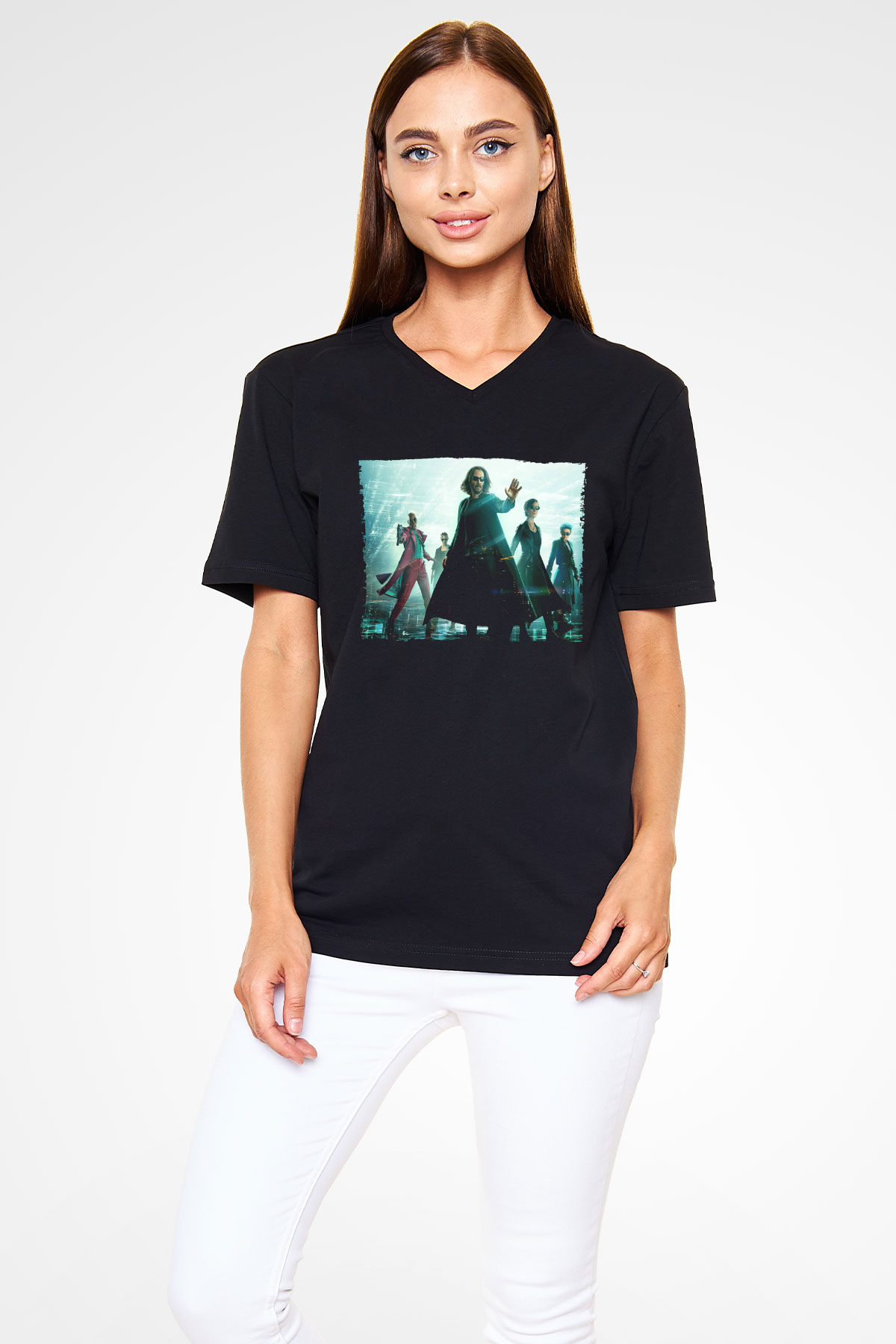 Unisex Matrix (The Matrix) Baskılı Siyah V Yaka Tshirt