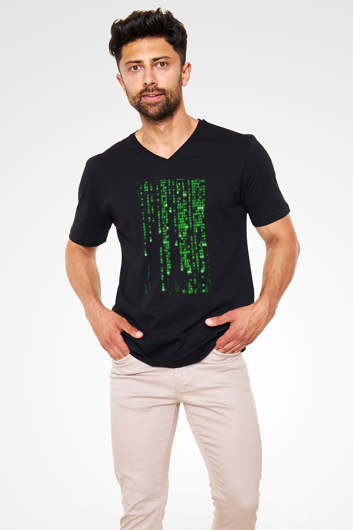 Unisex Matrix (The Matrix) Baskılı Siyah Unisex V Yaka Tshirt