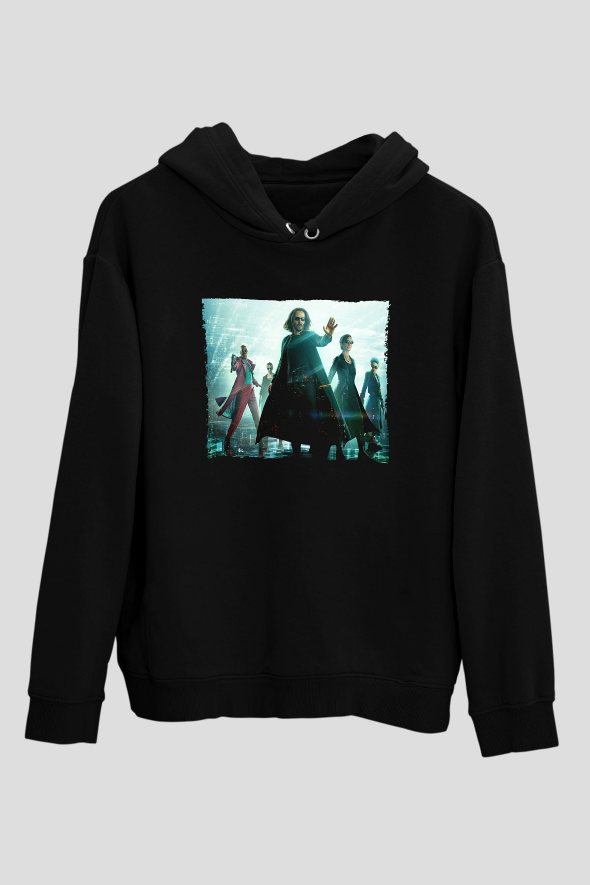 Unisex Matrix (The Matrix) Baskılı Siyah Kapüşonlu Sweatshirt